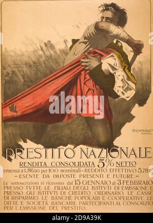 1918 , Naples , ITALIE : affiche de propagande publicitaire italienne pour le PRESTITO NAZIONALE DI GUERRA , War Bounds Founds . L'affiche montre un homme effrayé qui embrase un drapeau italien dans une main et une épée dans une autre. Affiche annonce un prêt national consolidé 5x100. Les détails sont donnés. Imprimé à Napoli , Richter and Co. Oeuvre de l'illustrateur italien MARIO BORGONI ( 1869 - 1936 )- LA PREMIÈRE GUERRE MONDIALE - WWI - PRIMA GUERRA MONDIALE - Grande Guerra - Grande Guerre - Foto storiche storica - locadina - affiche - gravure - incisione - illustration - illustrazione - ITALIA - PHOTOS D'HISTOIRE - bandie Banque D'Images