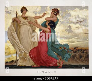 1918 , ITALIE : propagande affiche italienne anti Allemagne . Affiche montre une femme dans une robe rouge ( Trieste ) et une femme dans une robe verte ( Trento ) s'agenouillant devant une femme dans une robe blanche et la couronne et tenant une épée ( Italie ); en arrière-plan les soldats de marche à la bataille et les avions voler au-dessus. Texte : enfin . Oeuvre de l'illustrateur renommé Leopold Metlicovitz ( 1868 - 1944 ), pubblickée par Officine Ricordi e Co. , Milan - LA PREMIÈRE GUERRE MONDIALE - WWI - PRIMA GUERRA MONDIALE - Grande Guerra - Grande Guerre - Foto storiche storica - locadina - affiche - gravure - incisione - illustration - illustrazi Banque D'Images