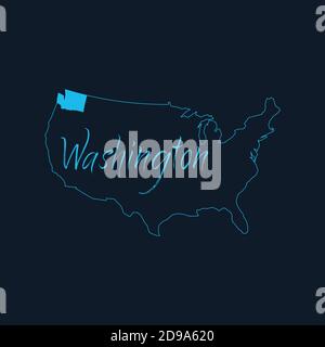 Etat de Washington mis en évidence sur la carte des Etats-Unis d'Amérique , modèle d'infographies des Etats-Unis. Illustration du vecteur de stock isolée sur fond bleu. Illustration de Vecteur