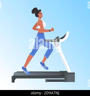 femme courir sur un tapis de course african american girl faire des exercices de forme physique entraînement concept de style de vie sain illustration pleine longueur de vecteur Illustration de Vecteur