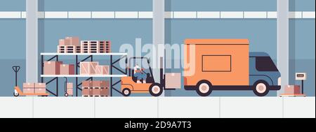 le conducteur du chariot élévateur à fourche charge les boîtes en carton dans l'expédition des marchandises de la camionnette illustration vectorielle horizontale du concept de service de livraison à l'intérieur de l'entrepôt Illustration de Vecteur