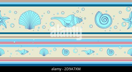 Motif enfant. Motif horizontal sans couture marine avec rayures de différentes couleurs. Coquillages avec bulles d'eau. Illustration de Vecteur
