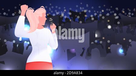 femme avec microphone parlant à l'auditoire de scène club de femmes les filles se soutenant mutuellement union des féministes concept portrait horizontal illustration vectorielle Illustration de Vecteur