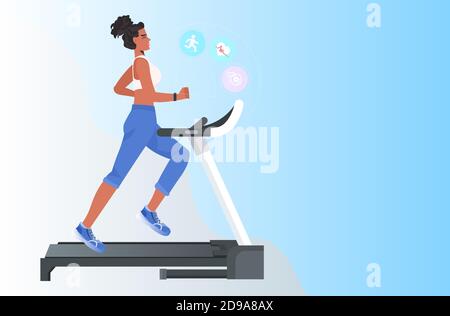 femme courir sur un tapis de course african american girl faire des exercices de forme physique entraînement sain style de vie concept horizontal pleine longueur vecteur illustration Illustration de Vecteur