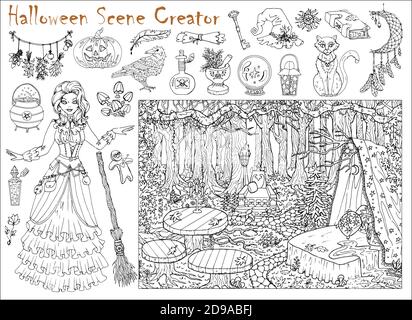 Halloween scène créateur ensemble avec belle sorcière fille et place dans la forêt. Illustration vectorielle dessinée à la main pour colorier la page et le livre. Noir et W Illustration de Vecteur
