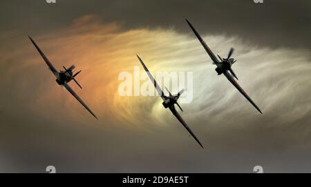 Hawker Hurricane et spitfire en action à un air ahgow. Sky ajouté. Banque D'Images