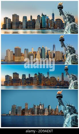 Symboles de New York. Manhattan Skyline et la Statue de la liberté, New York. Ensemble de 4 images Banque D'Images