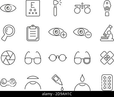 Optométrie icônes d'équipement d'examen et d'optométrie Noir et blanc mince Ensemble de lignes grand Illustration de Vecteur