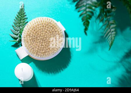 Brosse de massage biologique naturelle en bois, serviette, feuilles de fougères à la lumière naturelle du soleil. Soins à domicile. Banque D'Images