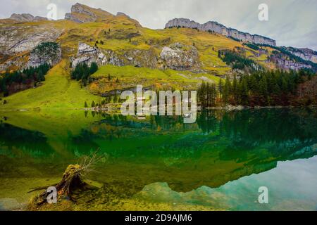 Beau paysage autour du lac Seealpsee dans la gamme Alpstein du canton d'Appenzell Innerrhoden, Suisse. Banque D'Images