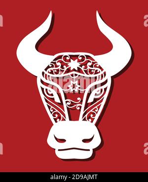 Tête plate pour coupe au laser. Carte du nouvel an chinois. Formes simples. Bull avec étoile dans son front. Illustration vectorielle Illustration de Vecteur