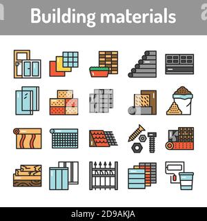 Jeu d'icônes de lignes de couleurs de matériaux de construction. Pictogrammes pour la page Web Illustration de Vecteur