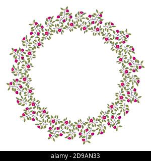 Couronne florale, branches avec feuilles et fleurs magenta vif sur blanc. Illustration vectorielle, design pour affiche, bannière, invitation, livre, tissu de mode, emballage. Illustration de Vecteur