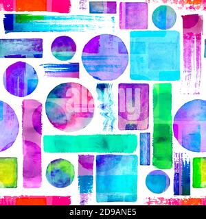 Arrière-plan sans couture d'art contemporain. Formes géométriques abstraites grunge. Aquarelle cercles colorés dessinés à la main, rectangles, texture de carrés. W Banque D'Images
