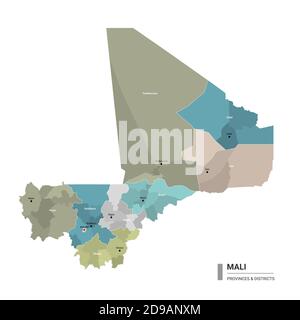 Mali higt carte détaillée avec subdivisions. Carte administrative du Mali avec le nom des districts et des villes, colorée par les États et les districts administratifs. Illustration de Vecteur