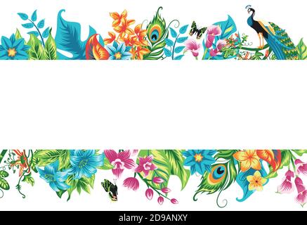 Bannière avec des feuilles tropicales, des fleurs et un oiseau. Illustration de Vecteur