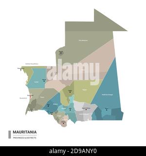 Carte détaillée du higt de Mauritanie avec subdivisions. Carte administrative de la Mauritanie avec le nom des districts et des villes, coloré par les États et les administrations Illustration de Vecteur