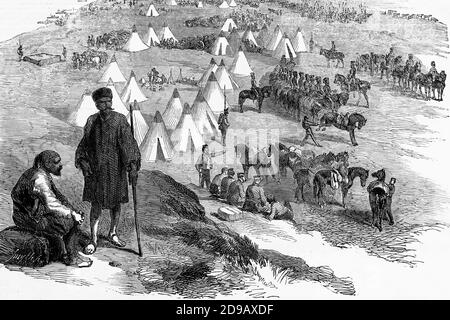 Campement anglais sur la côte près de Toula en Crimée. Bataille sur l'Alma, la guerre de Crimée. 1854. Illustration ancienne. 1867. Banque D'Images