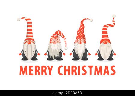 Carte postale Joyeux Noël. Quatre gnomes de Noël mignons vectoriels avec capuchons rouges de style plat. Modèle de conception de nains pour Joyeux Noël et bonne année Illustration de Vecteur