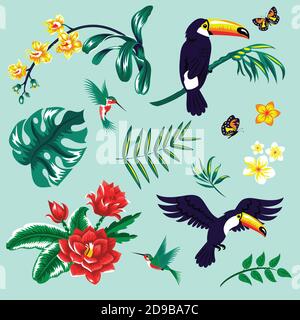 Décor avec feuilles tropicales, fleurs et oiseaux Illustration de Vecteur