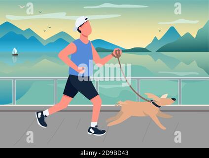 Homme en train de courir avec un chien sur l'illustration vectorielle de couleur plate de bord de mer Illustration de Vecteur