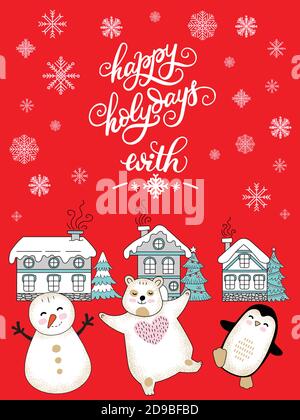 Vector Joyeux Noël félicitation lapins et maisons Illustration de Vecteur