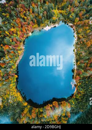 Vue aérienne de l'Eibensee et de la forêt d'automne, Salzbourg, Autriche Banque D'Images