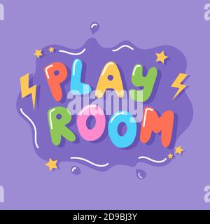Salle de jeux, modèle d'affiche coloré avec lettrage dessiné à la main, illustration vectorielle Illustration de Vecteur