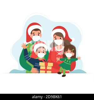 Bonne famille à noël portant des masques médicaux. Jolie illustration vectorielle de style plat Illustration de Vecteur
