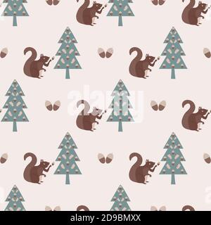 Écureuil mignon en forêt vecteur sans couture motif arrière-plan. Toile de fond de style Scandi avec animaux des bois ramassant les glands des arbres. Géométrique Illustration de Vecteur