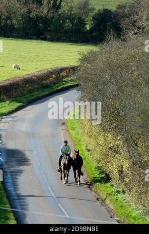 Cavalier menant un autre cheval sur une route de campagne, Warwickshire, Royaume-Uni Banque D'Images