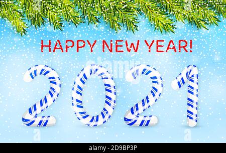 Joyeux Noël et bonne année avec 2021 en style de bonbon tourbillon et branches d'arbre de noël à feuilles persistantes. Illustration vectorielle Illustration de Vecteur