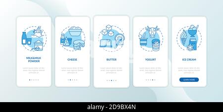 Écran bleu de la page d'application mobile d'intégration des produits laitiers avec des concepts Illustration de Vecteur