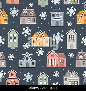 Motif vectoriel sans couture avec maisons d'hiver et flocons de neige Illustration de Vecteur