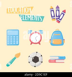 éducation éléments icônes sac à dos horloge livre crayons brosse école élémentaire illustration vectorielle de dessin animé Illustration de Vecteur