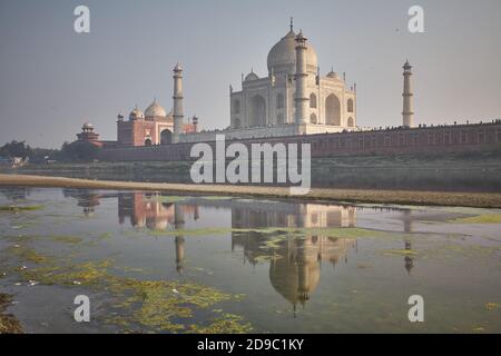 Agra, Inde, janvier 2009. Vue générale du Taj Mahal et de sa réflexion dans l'eau sur l'autre rive de la rivière Yamuna. Banque D'Images