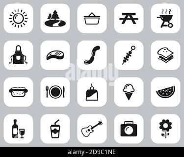 Ensemble de pique-nique ou barbecue Icons noir et blanc à motif plat Grande Illustration de Vecteur