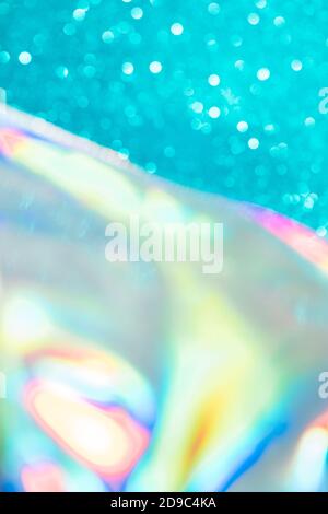 Abstrait mixte holographique bleu ai aqua flou scintillant fond brillant. Film arc-en-ciel au néon liquide style licorne. Style bokeh brillant. Festiv Banque D'Images