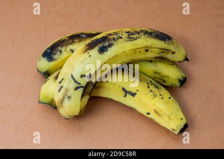 Sur des bananes mûres jaunes isolées sur fond de texture en bois Banque D'Images