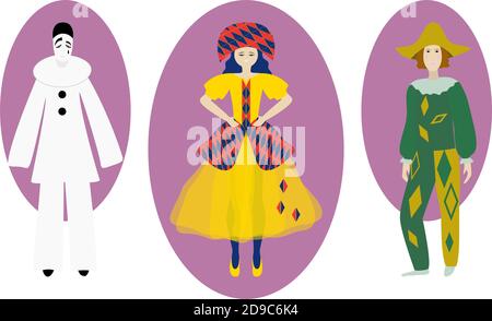 Columbine, Arlequin, Pierrot. Personnages de la commedia italienne dell’arte. Illustration vectorielle. Personnage de la pantomime Illustration de Vecteur