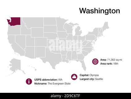 Carte de l'État avec des informations démographiques politiques et les plus grandes villes Banque D'Images