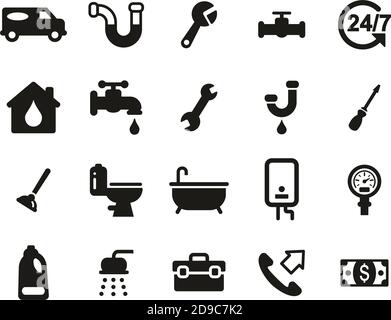 Service de plomberie et équipement icônes ensemble noir et blanc grand Illustration de Vecteur