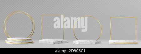 Socles ou podiums en marbre avec cadre et décor dorés, bordures rondes et carrées sur des scènes vides géométriques, présentoirs d'exposition en pierre pour la présentation de produits, plateformes de galerie ensemble vectoriel 3d réaliste Illustration de Vecteur