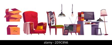 Mobilier ancien, stockage d'archives sur la maison grenier. Ensemble de dessins animés vectoriels de fauteuil vintage, table avec livres et moniteur, chaise en bois, boîtes en carton, tv et lampes isolées sur fond blanc Illustration de Vecteur