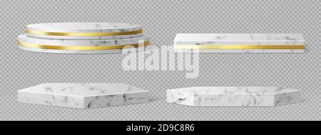 Socles ou podiums en marbre avec cadre et décor dorés, bordures rondes et carrées sur des scènes vides géométriques, présentoirs d'exposition en pierre pour la présentation de produits, plateformes de galerie ensemble vectoriel 3d réaliste Illustration de Vecteur