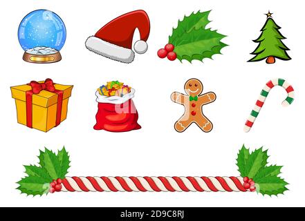 Ensemble d'icônes vectorielles de Noël. Collection de symboles Noël. Illustration de dessin animé de saison isolée sur fond blanc. Holly Berry, chapeau de père noël, sac, cadeau b Illustration de Vecteur