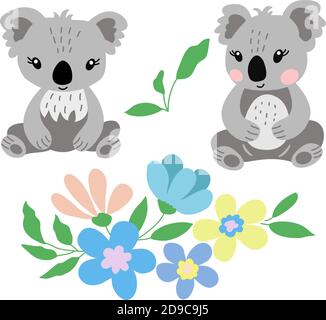 Image de cyte petit koala ours avec de belles fleurs bleu, rose, jaune fond blanc dans les graphiques vectoriels. Pour la conception d'affiches Illustration de Vecteur