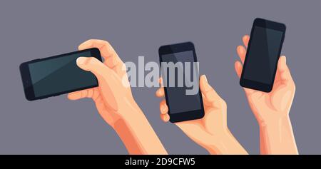 Ensemble de vecteurs téléphone à la main. Main vectorielle dans l'écran de téléphone portable modèle pour la maquette modifiable de conception. Concept de position de la main dans différentes poses. Illustration de Vecteur
