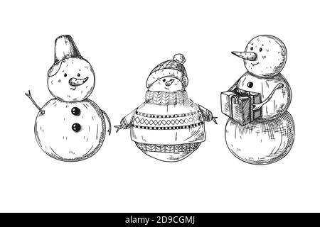 Ensemble de différents bonhommes de neige isolés sur fond blanc. Esquisse, illustration dessinée à la main Illustration de Vecteur