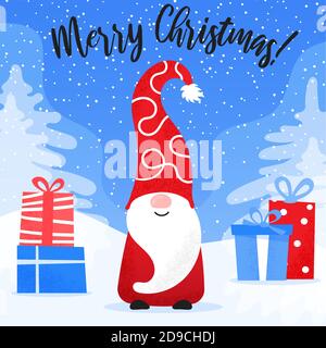 Carte de Noël avec gnome mignon dans un chapeau amusant et des boîtes-cadeaux sur un paysage enneigé. Joyeux Noël de l'elfe du Nord entouré de cadeaux Illustration de Vecteur
